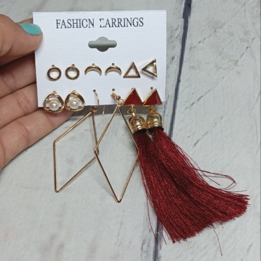 Boho 6PC Simple Long Ladies Earrings Metal Earrings Pearl Tassel Earrings